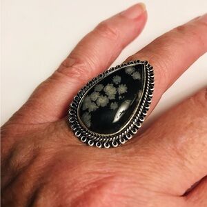 Snowflake Obsidian Stamped 925 Sterling Silver Ring